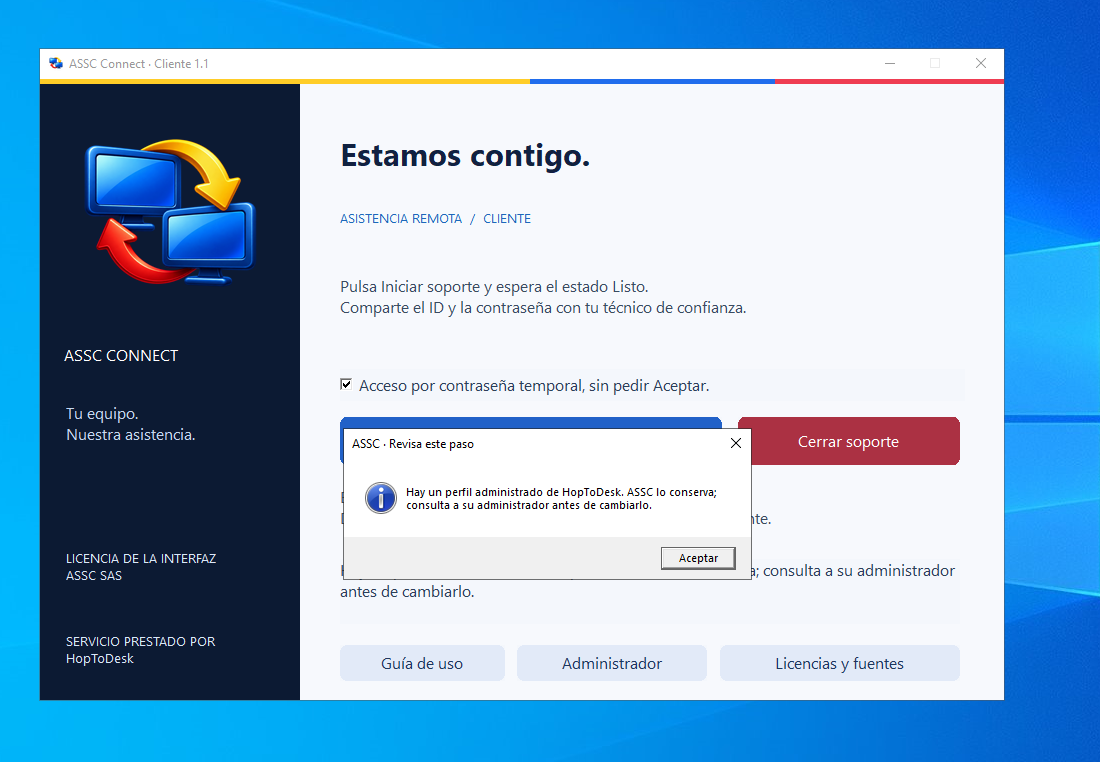Interfaz anterior de ASSC Connect con instrucciones para iniciar soporte y aviso de perfil administrado